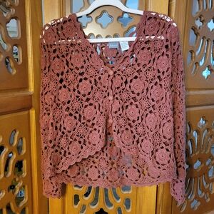 Vintage Adesso Women's Dusty Pink Crochet Lace Cardigan Size Small